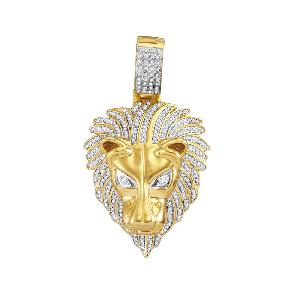 10K Yellow Gold Mens Round Diamond Lion Head Charm Pendant 7/8 Cttw, Length: 2.19 In, Width: 1.26 In