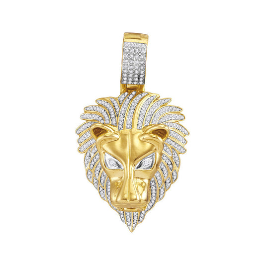 10K Yellow Gold Mens Round Diamond Lion Head Charm Pendant 7/8 Cttw, Length: 2.19 In, Width: 1.26 In