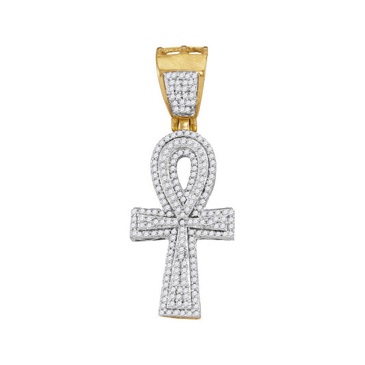 10K Yellow Gold Mens Round Diamond Ankh Cross Charm Pendant 1/2 Cttw, Length: 1.53 In, Width: 0.57 In