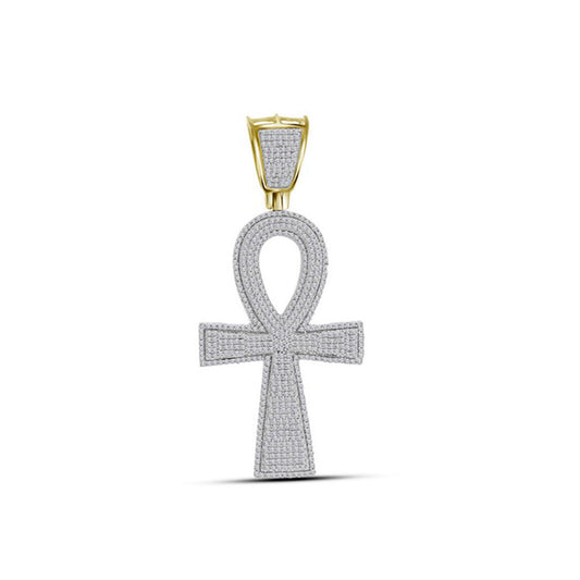 10K Yellow Gold Mens Round Diamond Ankh Cross Charm Pendant 1-1/2 Cttw, Length: 2.39 In, Width: 1.08 In