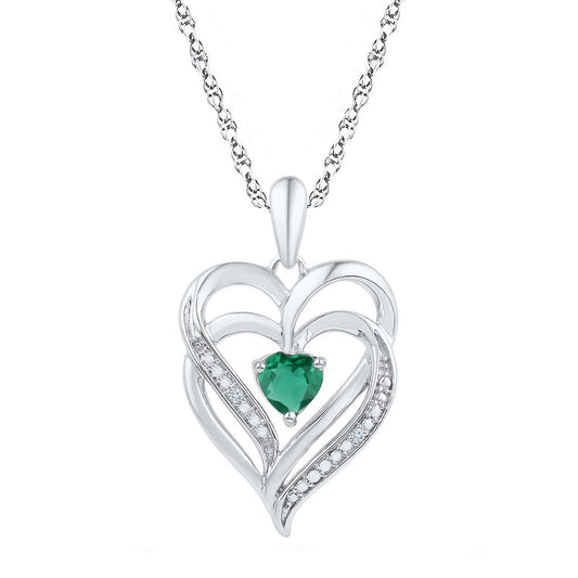 Sterling Silver Womens Round Synthetic Emerald Heart Pendant 5/8 Cttw, Width: 0.63 In