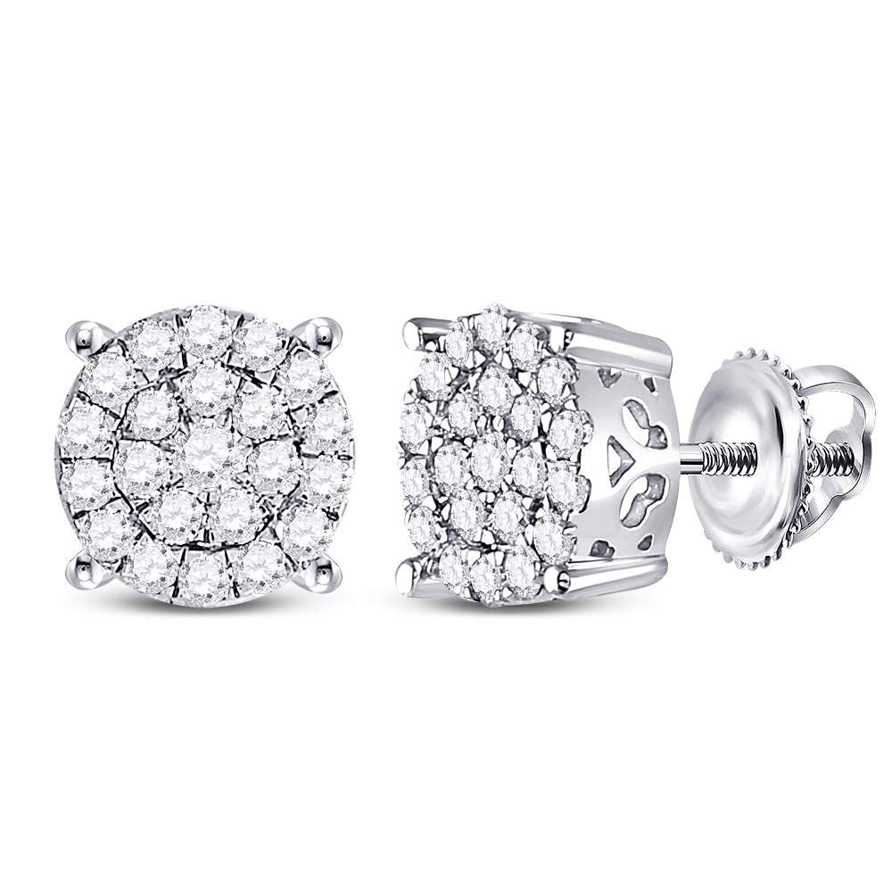10K White Gold Womens Round Diamond Concentric Circle Cluster Earrings 1/2 Cttw, Length: 0.28 In, Width: 0.28 In