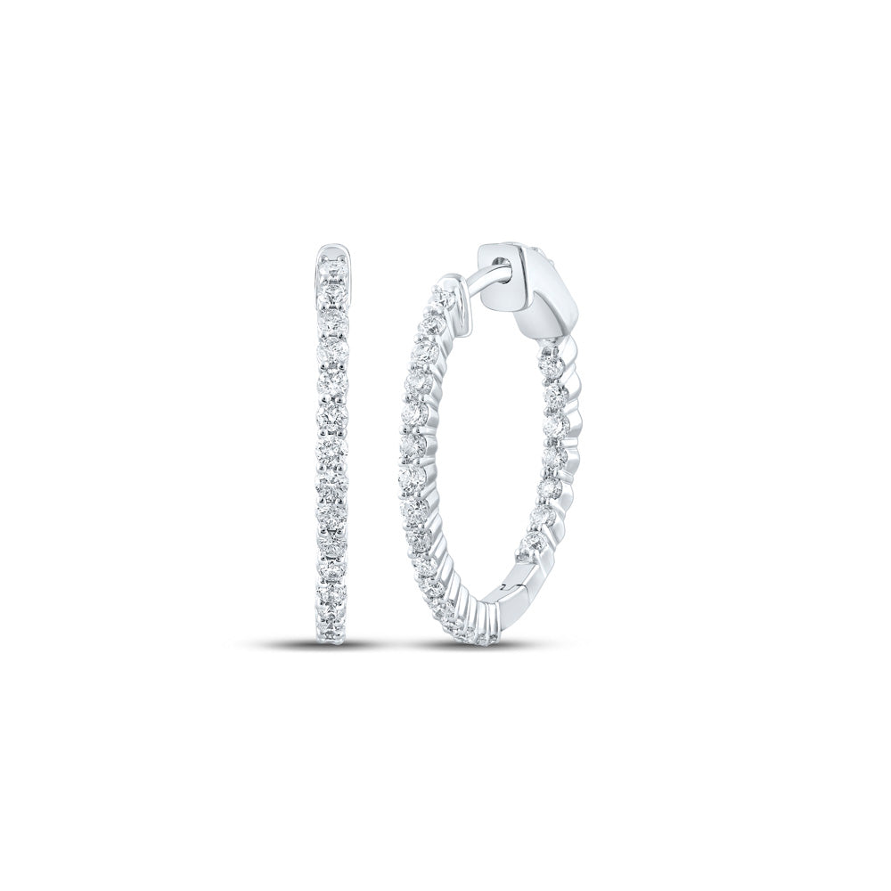 10K White Gold Womens Round Inside Outside Diamond Hoop Earrings 1 Cttw, Length: 0.93 In, Width: 0.06 In