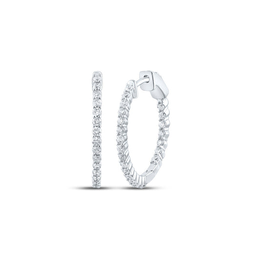10K White Gold Womens Round Inside Outside Diamond Hoop Earrings 1 Cttw, Length: 0.93 In, Width: 0.06 In