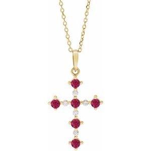 14K Yellow Gold Round 2.5Mm G-H I1 Lab Grown Ruby And .07 Ctw Natural Diamond Cross Necklace, Length: 18 In