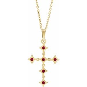 14K Yellow Gold Round 2.5Mm G-H I1 Lab Grown Ruby And .07 Ctw Natural Diamond Cross Necklace, Length: 18 In