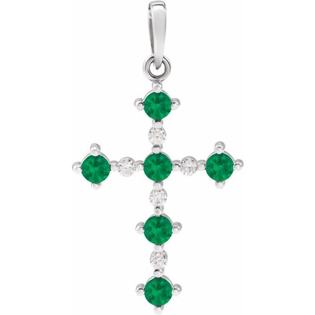 14K White Gold Round  2.5Mm I1, G-H Polished Lab Grown Emerald And .07 Ctw Natural Diamond Cross Pendant