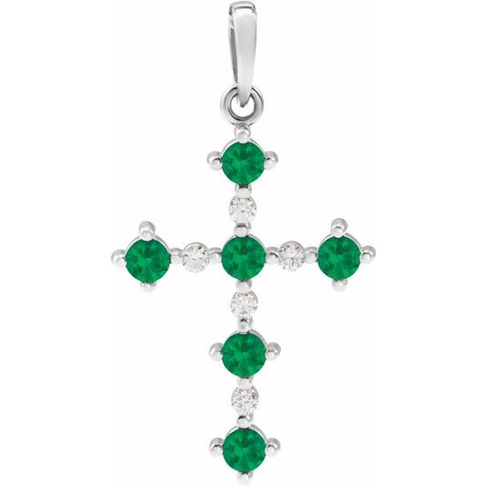 14K White Gold Round  2.5Mm I1, G-H Polished Lab Grown Emerald And .07 Ctw Natural Diamond Cross Pendant