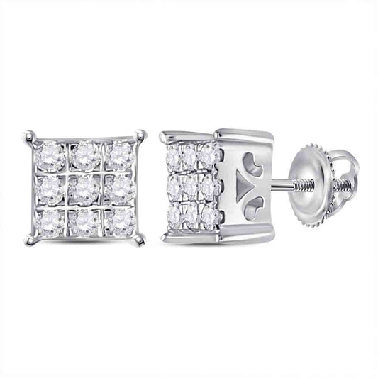 10K White Gold Womens Round Diamond Square Cluster Earrings 1/6 Cttw