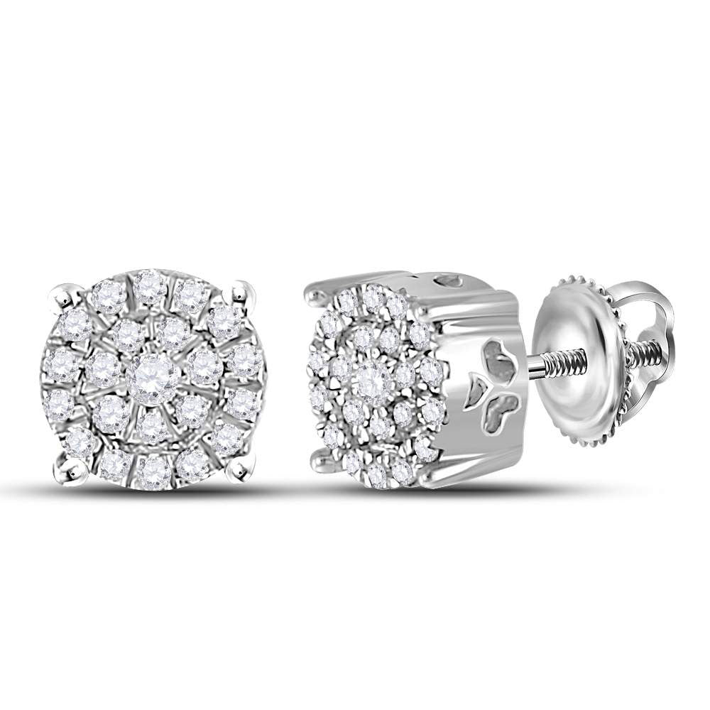 10K White Gold Womens Round Diamond Cluster Earrings 1/8 Cttw, Length: 0.2 In, Width: 0.2 In