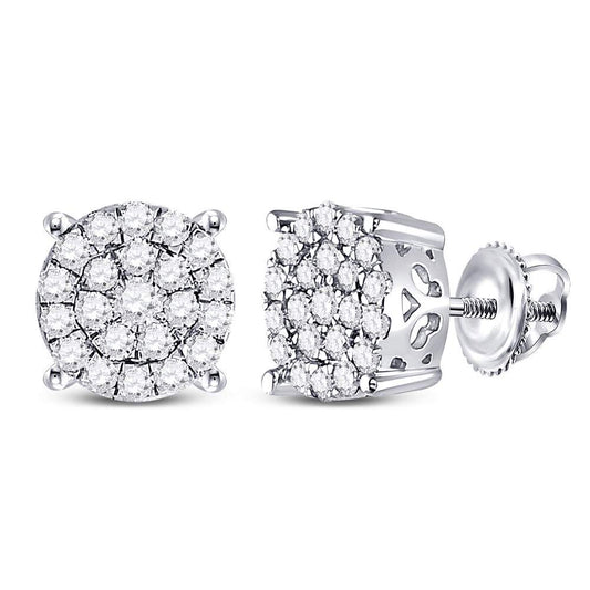 10K White Gold Womens Round Diamond Cluster Earrings 1 Cttw, Length: 0.37 In, Width: 0.37 In