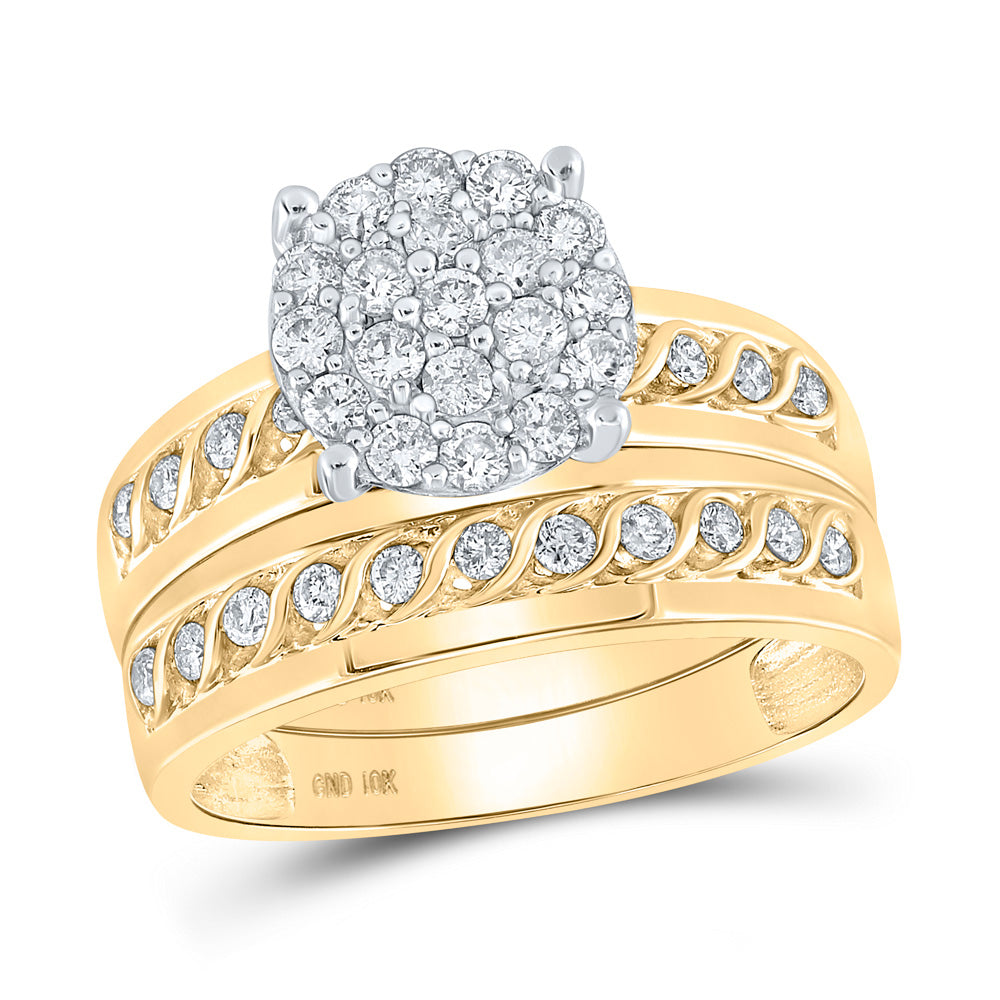 10K Yellow Gold His Hers Round Diamond Cluster Matching Wedding Set 3/4 Cttw, Womens Size: 5-10, Mens Size: 7-13