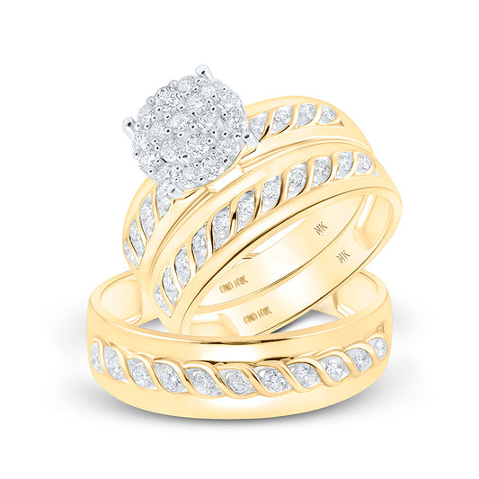10K Yellow Gold His Hers Round Diamond Cluster Matching Wedding Set 3/4 Cttw, Womens Size: 5-10, Mens Size: 7-13