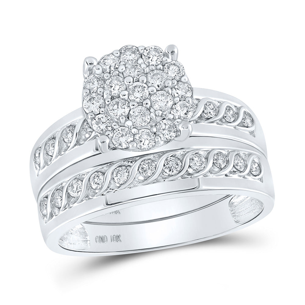 10K White Gold His Hers Round Diamond Cluster Matching Wedding Set 3/4 Cttw, Womens Size: 5-10, Mens Size: 7-13
