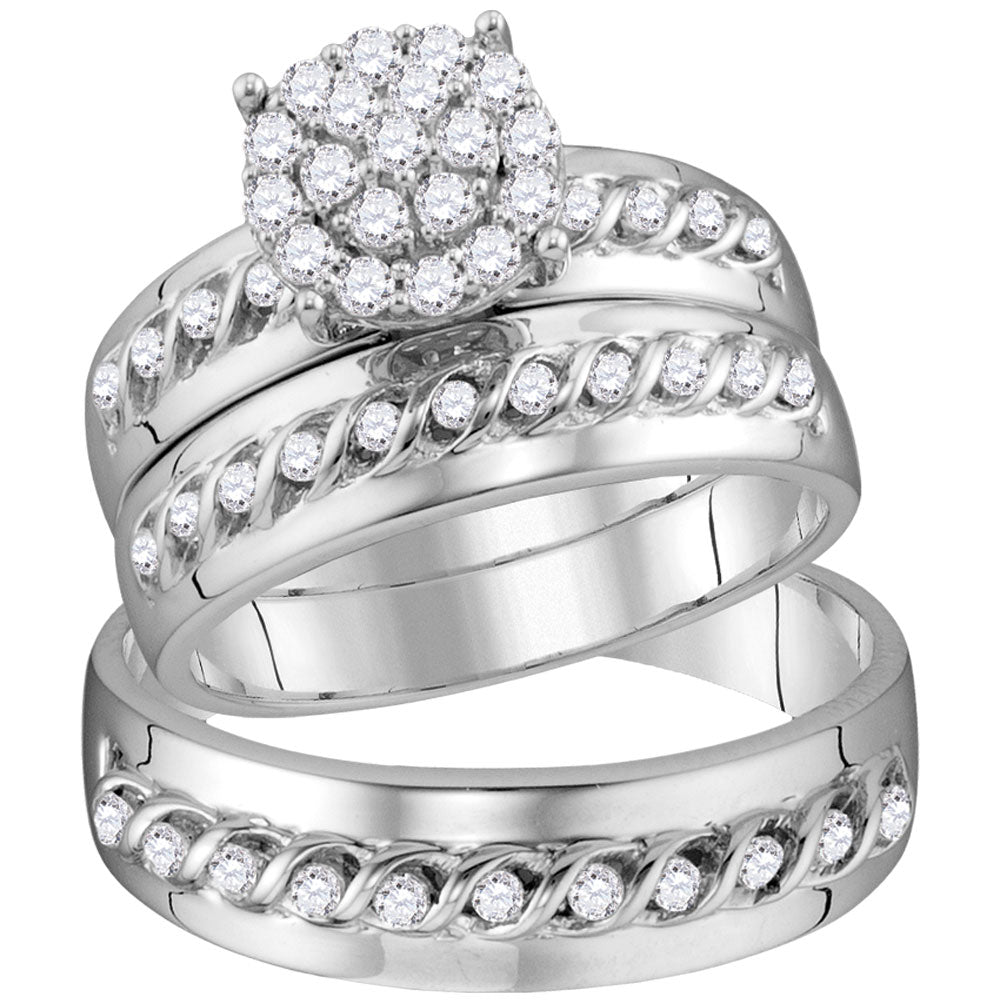 10K White Gold His Hers Round Diamond Cluster Matching Wedding Set 3/4 Cttw, Womens Size: 5-10, Mens Size: 7-13