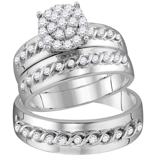 10K White Gold His Hers Round Diamond Cluster Matching Wedding Set 3/4 Cttw, Womens Size: 5-10, Mens Size: 7-13