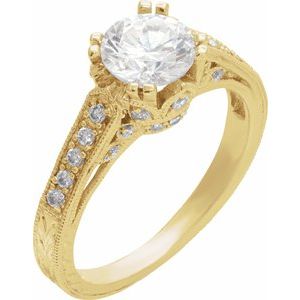 14K Yellow Gold Round 6.5 Mm Natural Diamond Polished 1/4 Ctw Natural Diamond Semi-Set Engagement Ring Size 6