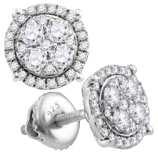 10K White Gold Womens Round Diamond Cluster Earrings 1 Cttw, Length: 0.36 In, Width: 0.36 In