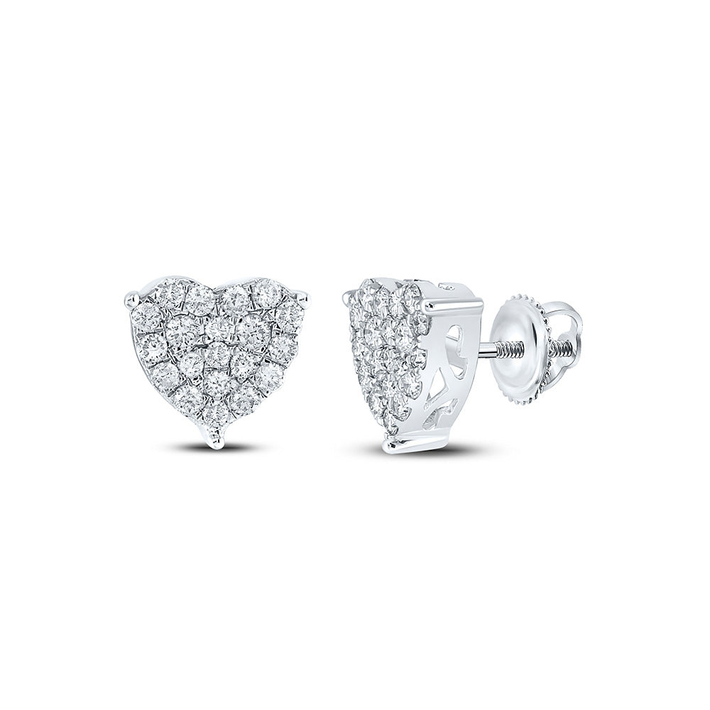 10K White Gold Womens Round Diamond Heart Earrings 1 Cttw, Length: 0.41 In, Width: 0.37 In