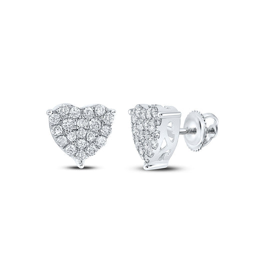 10K White Gold Womens Round Diamond Heart Earrings 1 Cttw, Length: 0.41 In, Width: 0.37 In
