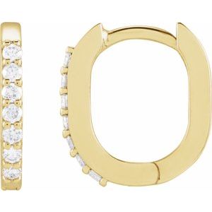 14K Yellow Gold 12 X 10.4 Mm 1.6 Mm Natural Diamond Round 1Mm Pair Hinged Polished 1/8 Ctw Natural Diamond Elongated Hoop Earrings