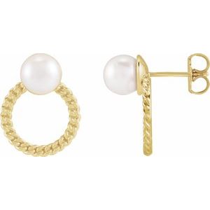 14K Yellow Gold Pearl 6 Mm Cultured Akoya Pearl And Curb Chain Earrings
