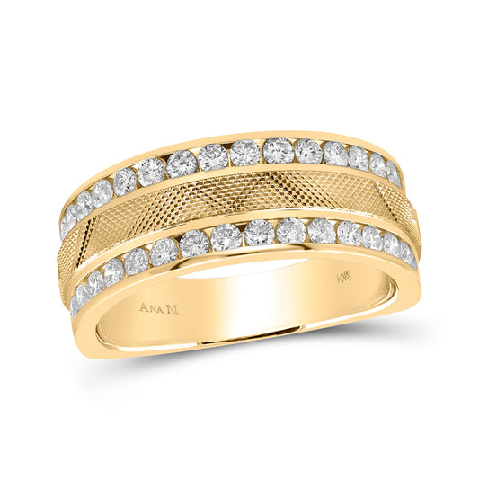14K Yellow Gold Mens Round Diamond Double Row Textured Wedding Band Ring 1 Cttw, Mens Size: 7-13