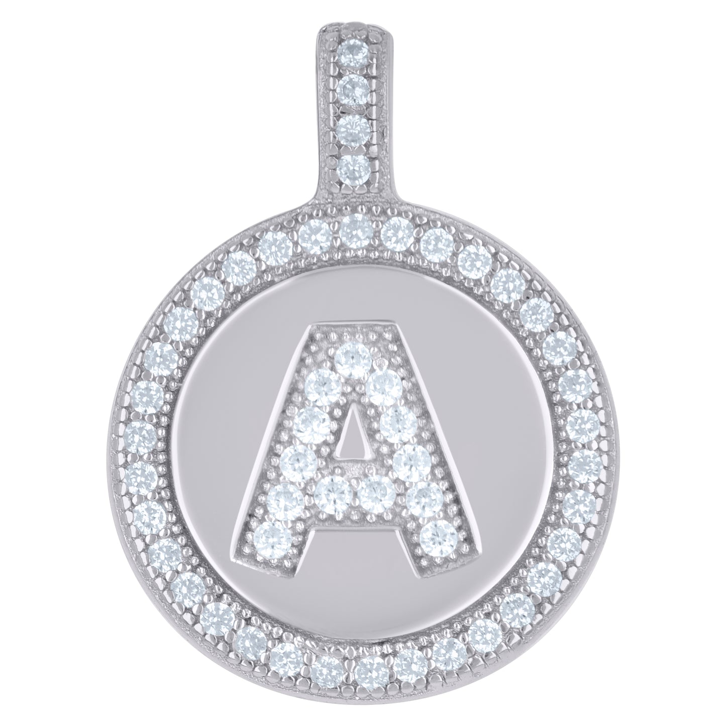 Sterling Silver Unisex Cubic-Zirconia Initial Alphabet Disc Pendant Charm