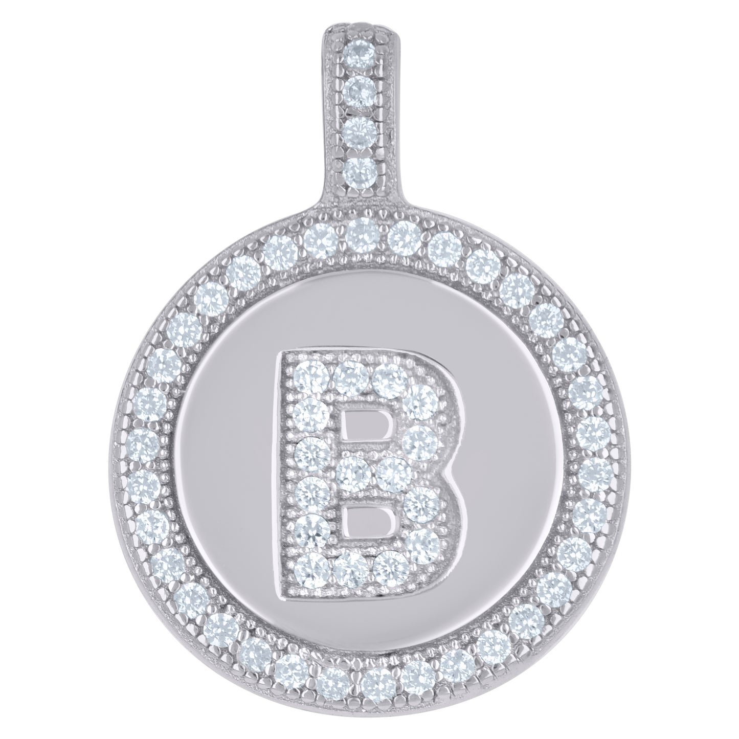 Sterling Silver Unisex Cubic-Zirconia Initial Alphabet Disc Pendant Charm