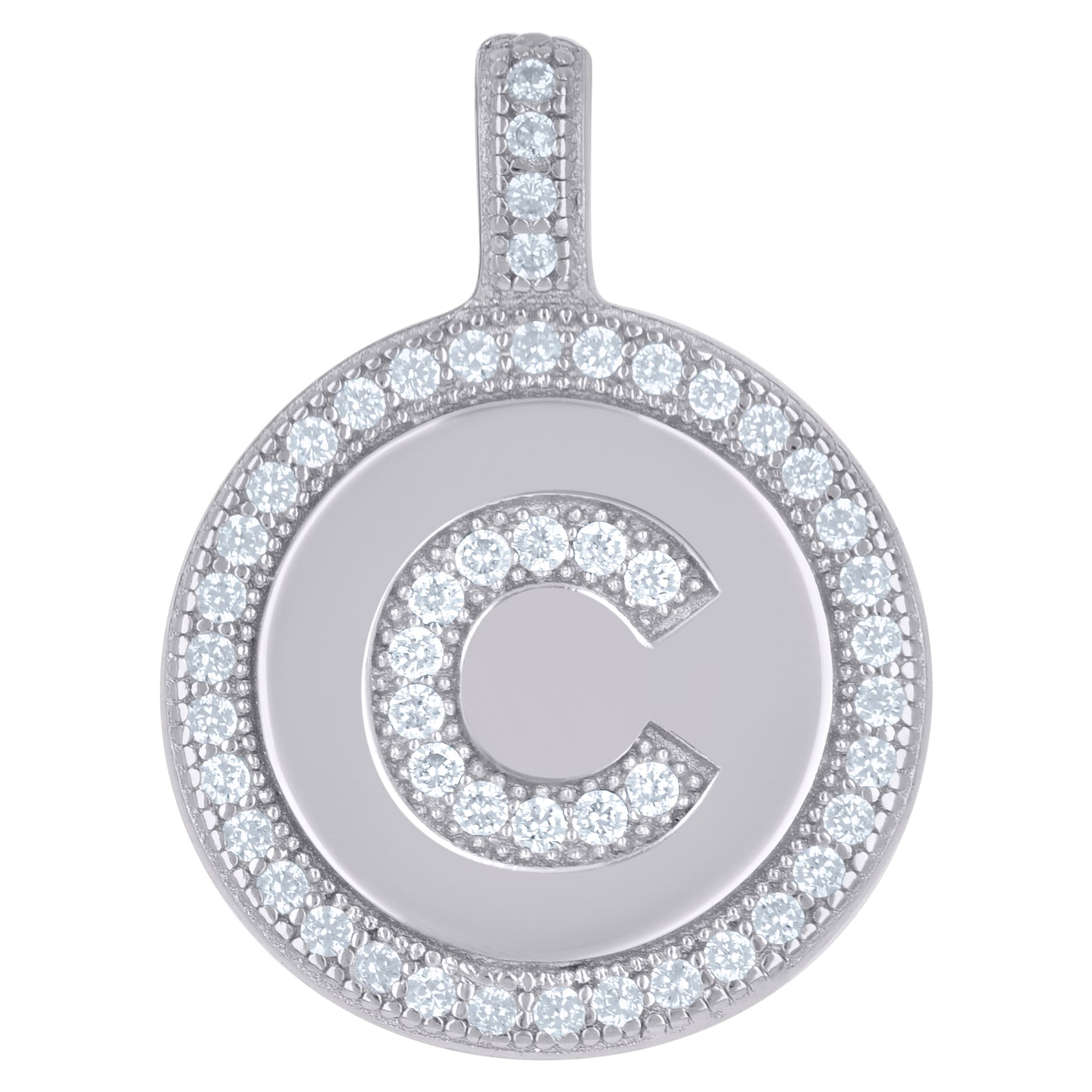 Sterling Silver Unisex Cubic-Zirconia Initial Alphabet Disc Pendant Charm