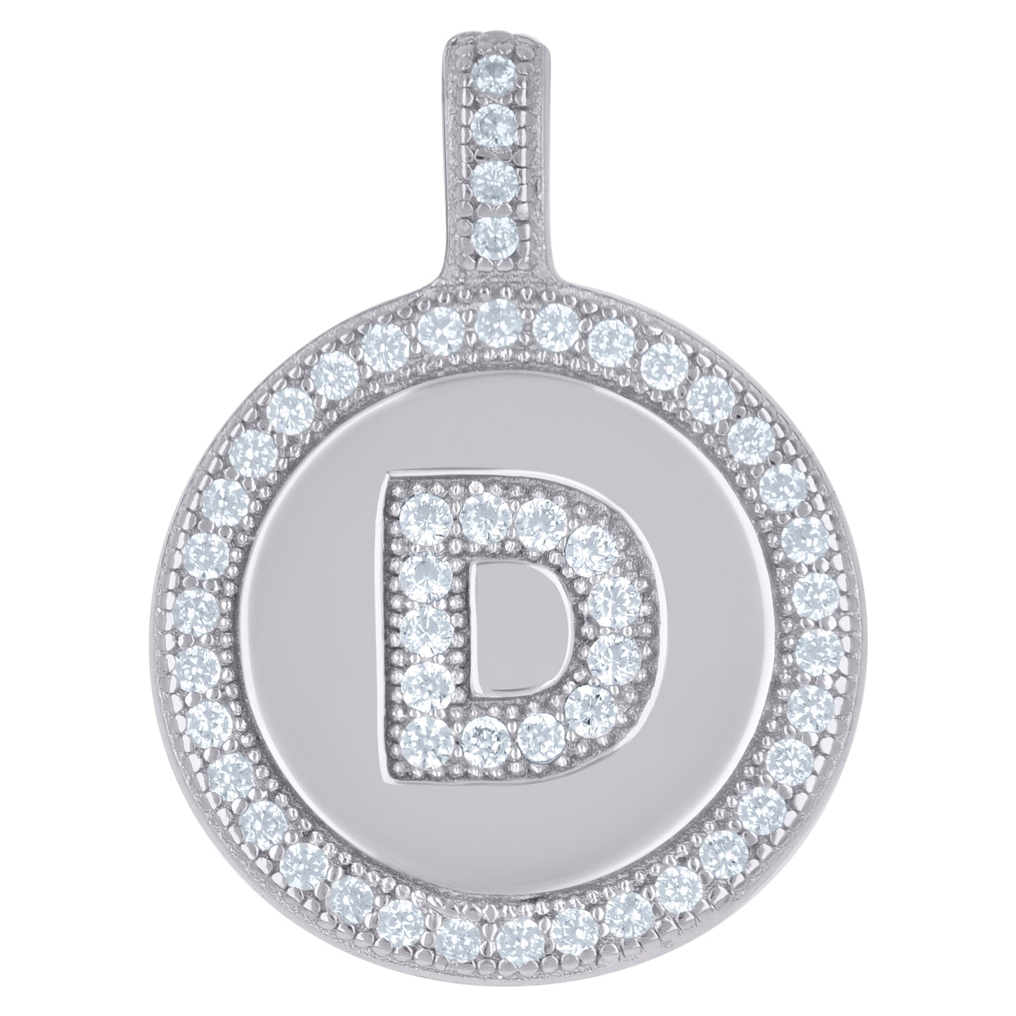 Sterling Silver Unisex Cubic-Zirconia Initial Alphabet Disc Pendant Charm