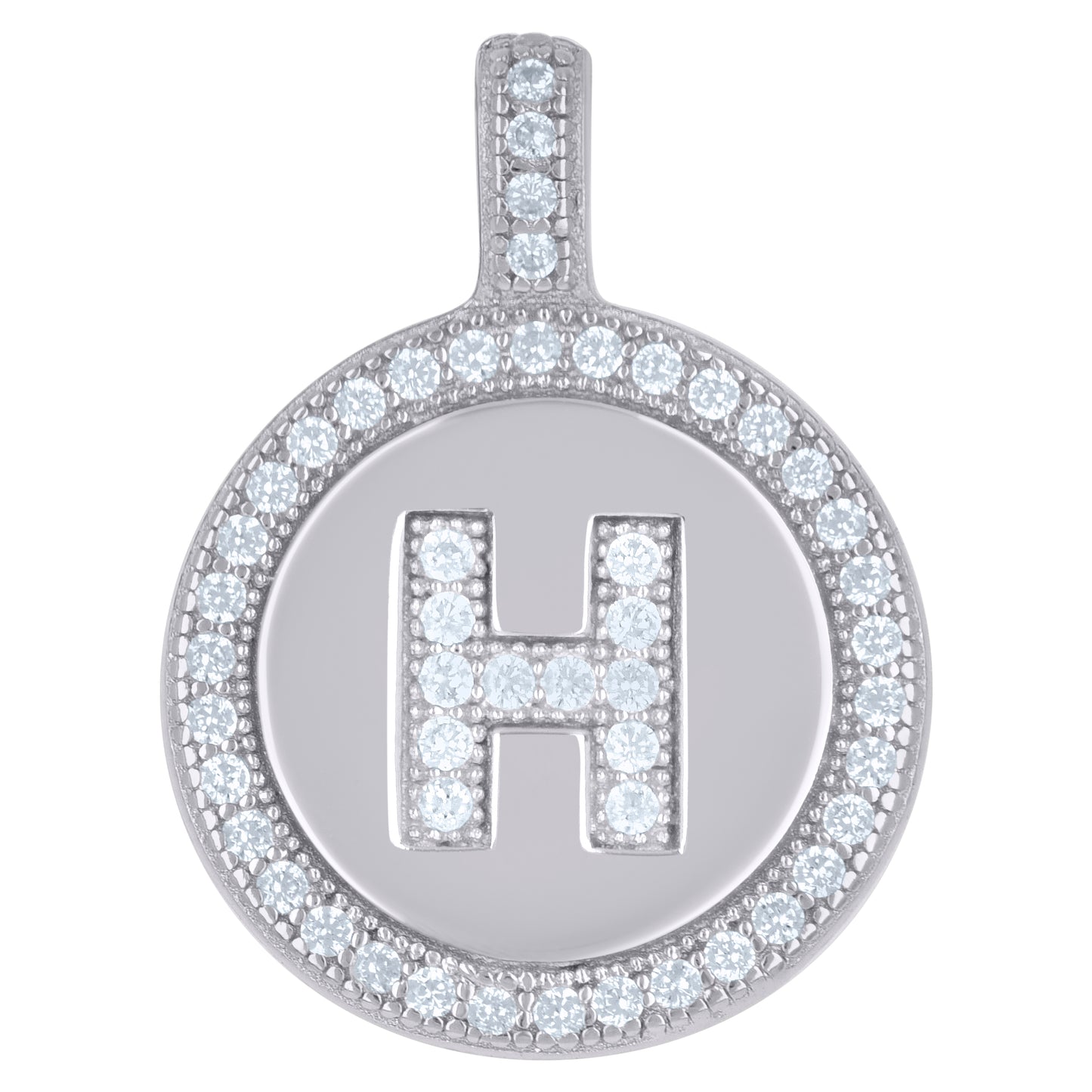 Sterling Silver Unisex Cubic-Zirconia Initial Alphabet Disc Pendant Charm
