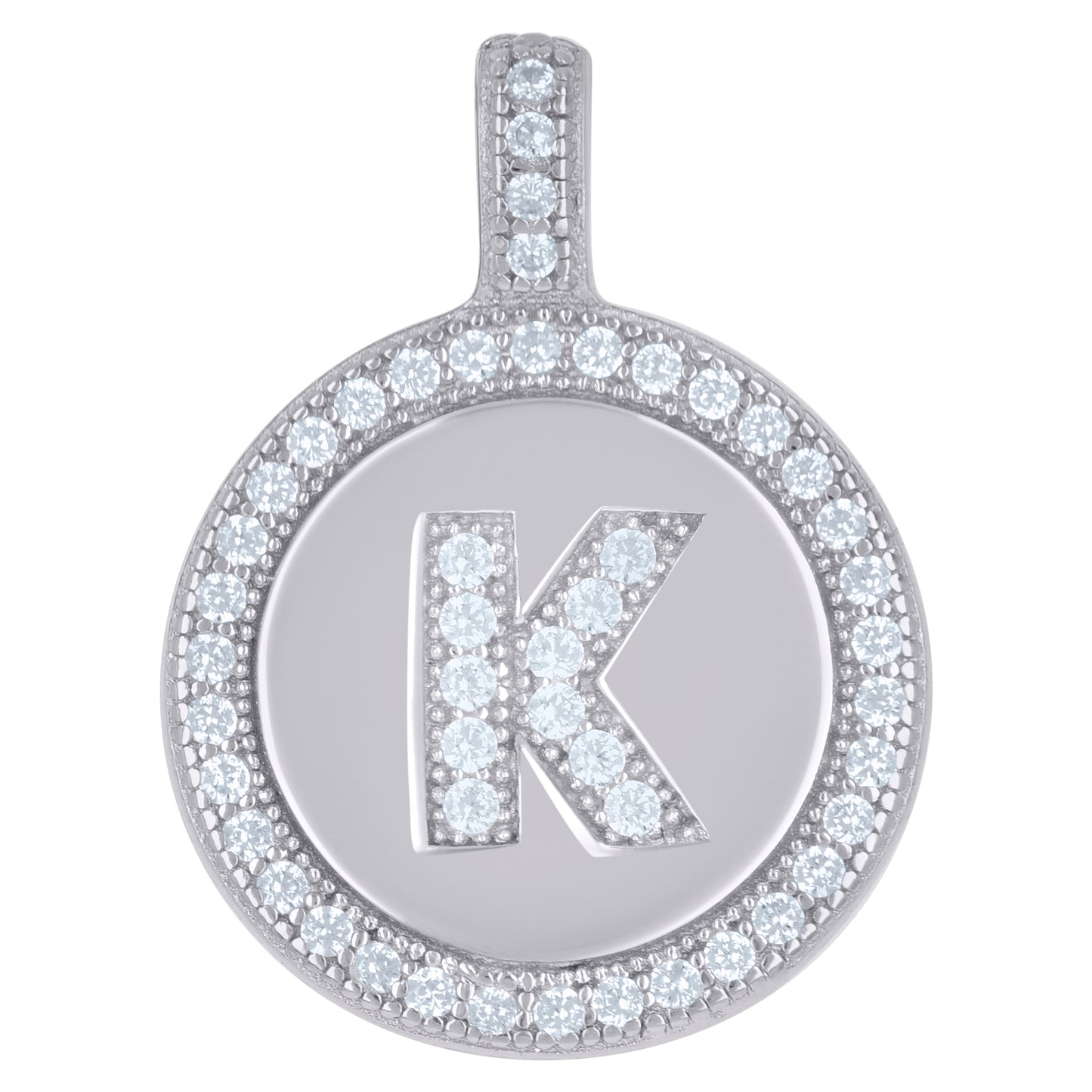 Sterling Silver Unisex Cubic-Zirconia Initial Alphabet Disc Pendant Charm