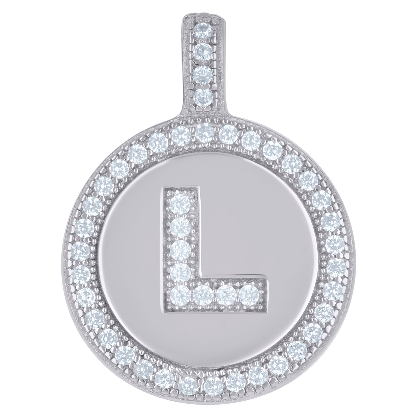 Sterling Silver Unisex Cubic-Zirconia Initial Alphabet Disc Pendant Charm