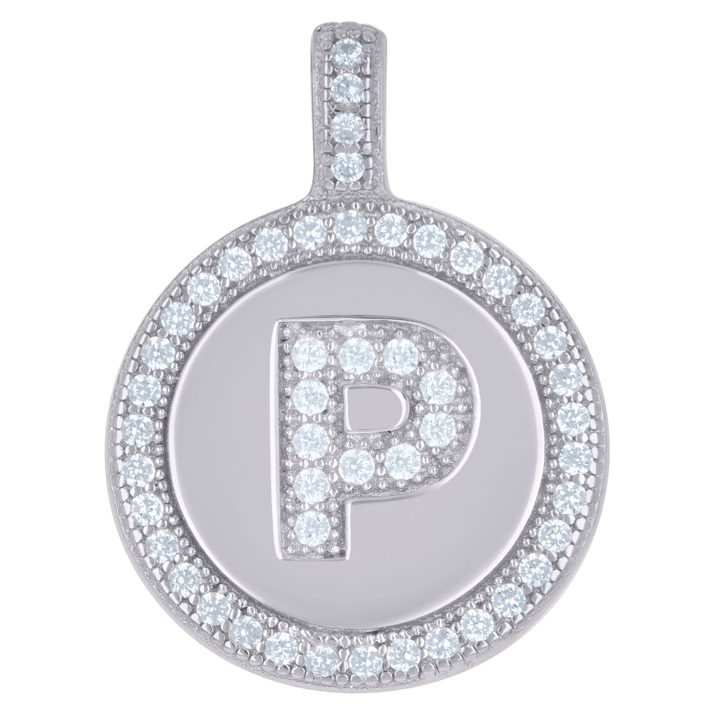 Sterling Silver Unisex Cubic-Zirconia Initial Alphabet Disc Pendant Charm