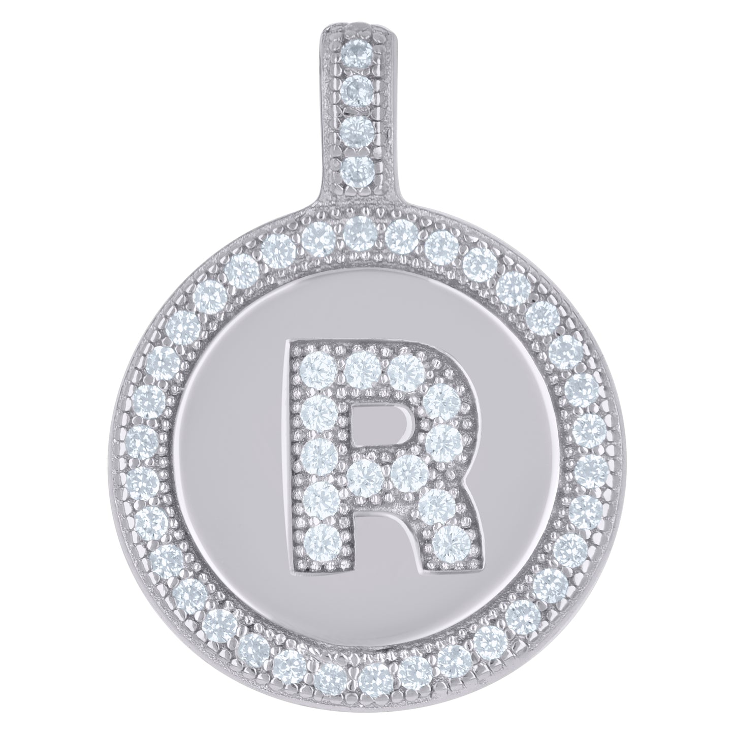 Sterling Silver Unisex Cubic-Zirconia Initial Alphabet Disc Pendant Charm