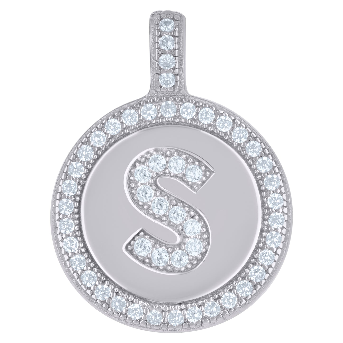 Sterling Silver Unisex Cubic-Zirconia Initial Alphabet Disc Pendant Charm