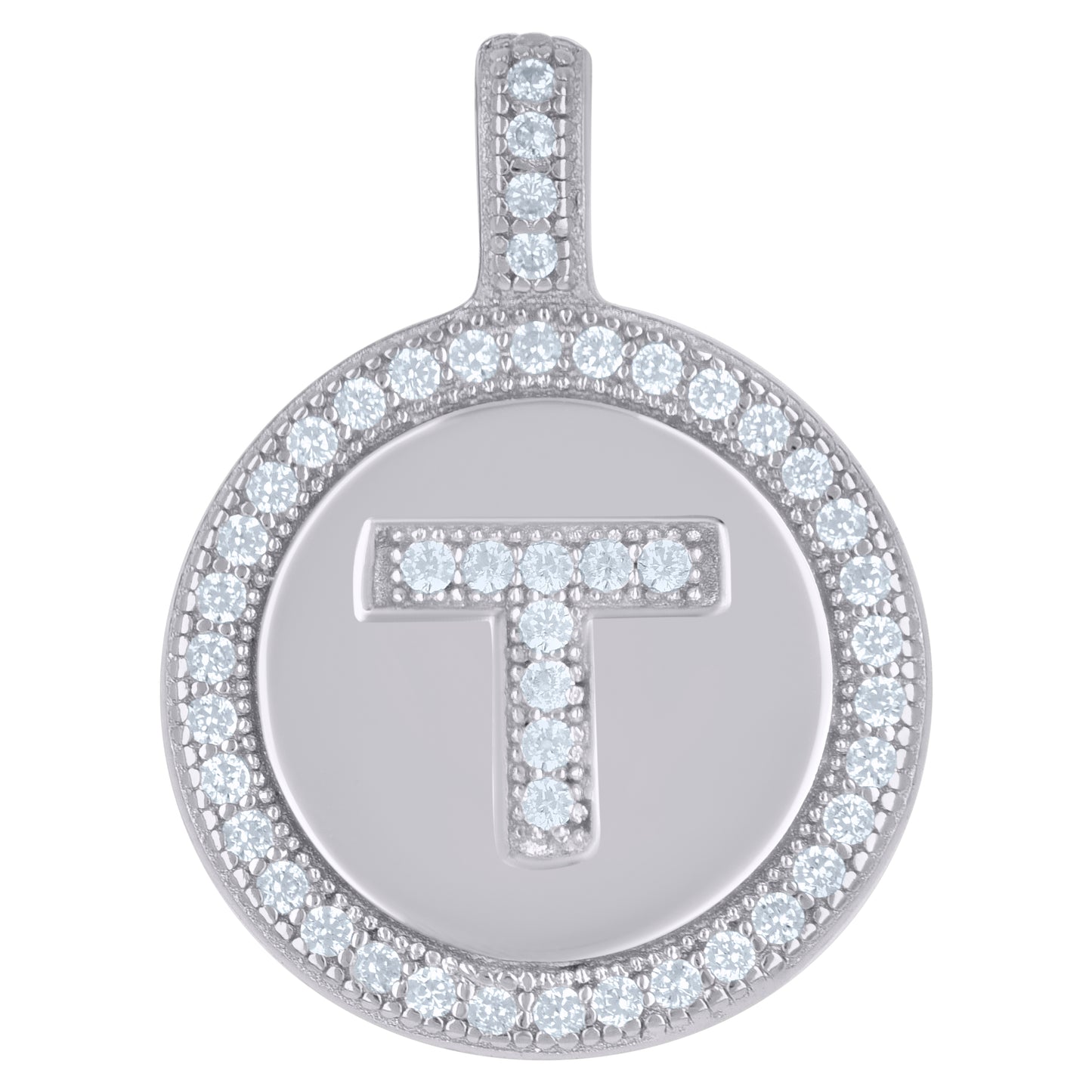 Sterling Silver Unisex Cubic-Zirconia Initial Alphabet Disc Pendant Charm