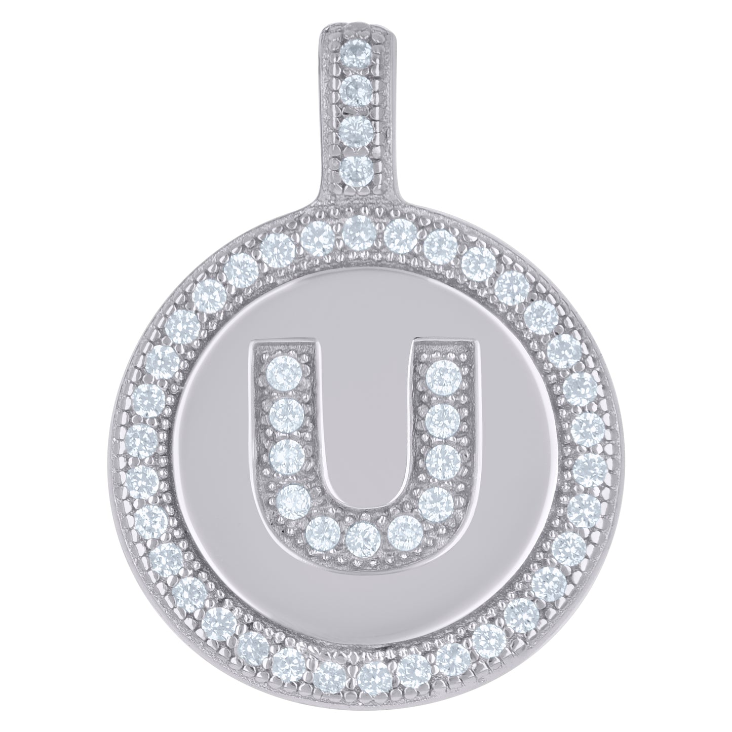 Sterling Silver Unisex Cubic-Zirconia Initial Alphabet Disc Pendant Charm