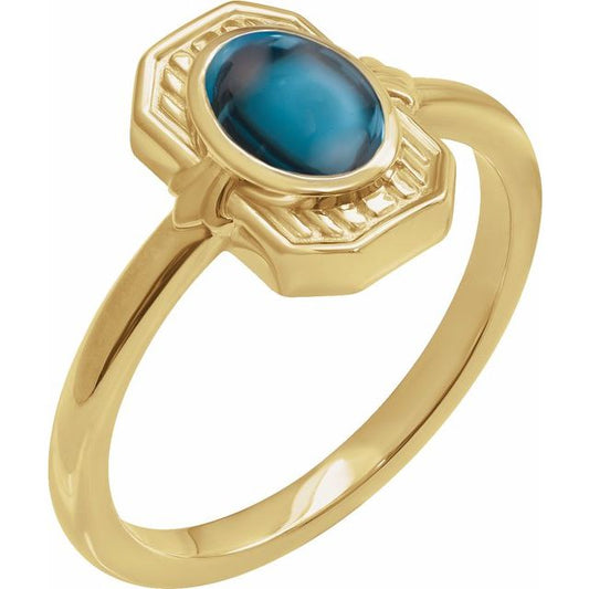 14K Yellow Gold Oval 7 X 5 Mm Polished Natural London Blue Topaz Deco Cabochon Ring, Size 7