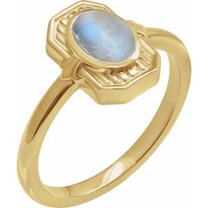 14K Yellow Gold  Oval 7 X 5 Mm Polished Natural Rainbow Moonstone Deco Cabochon Ring Size 7