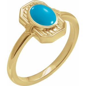 14K Yellow Gold  Oval 7 X 5 Mm Polished Natural Turquoise Deco Cabochon Ring Size 7