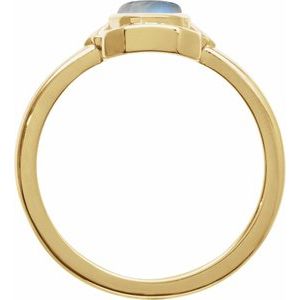 14K Yellow Gold  Oval 7 X 5 Mm Polished Natural Rainbow Moonstone Deco Cabochon Ring Size 7