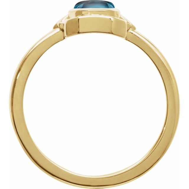 14K Yellow Gold Oval 7 X 5 Mm Polished Natural London Blue Topaz Deco Cabochon Ring, Size 7