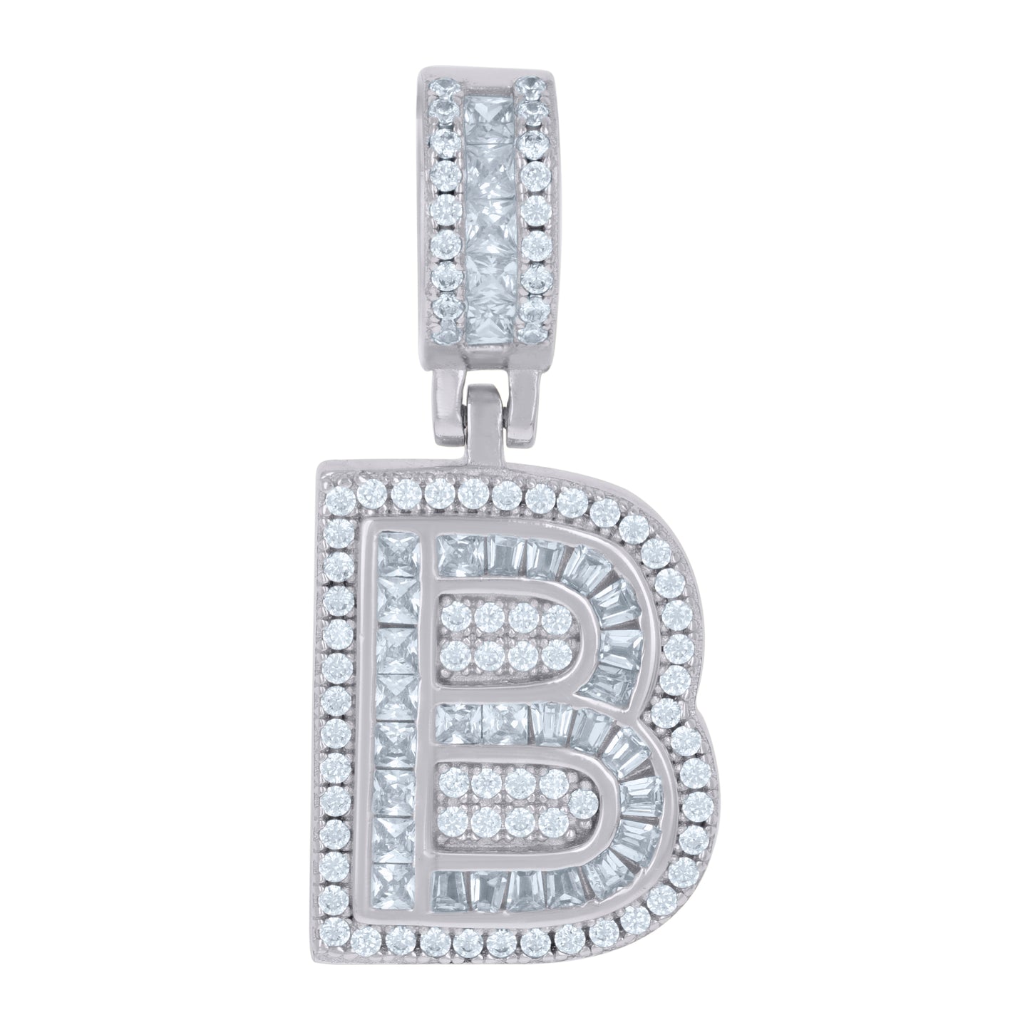 Sterling Silver Or Yellow-tone Unisex Round & Baguette Cubic-Zirconia Initial Alphabet Pendant Charm