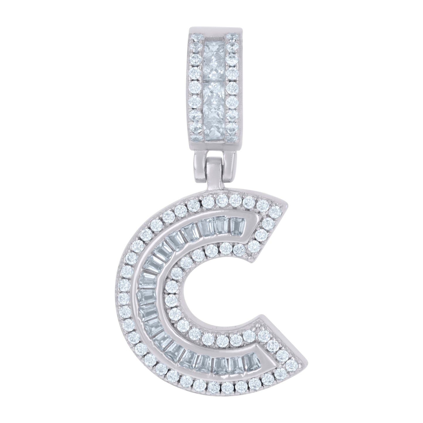 Sterling Silver Or Yellow-tone Unisex Round & Baguette Cubic-Zirconia Initial Alphabet Pendant Charm