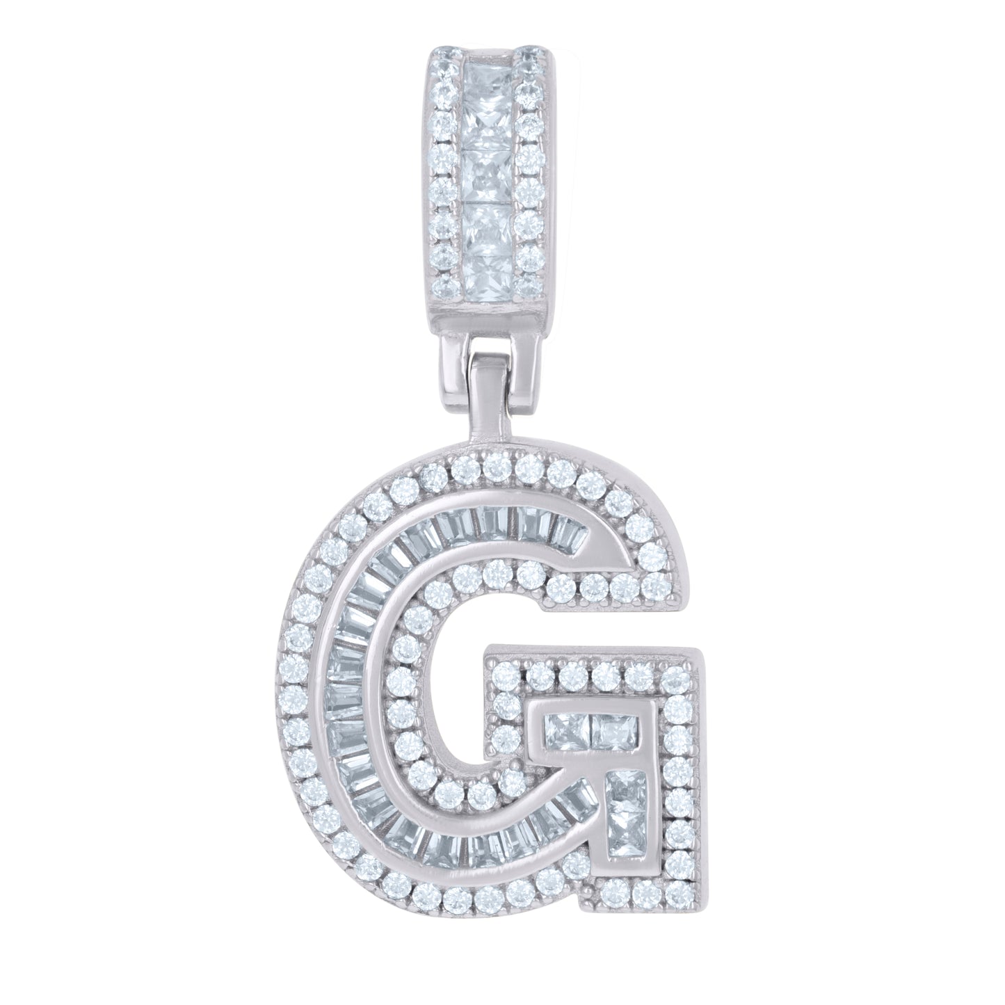 Sterling Silver Or Yellow-tone Unisex Round & Baguette Cubic-Zirconia Initial Alphabet Pendant Charm