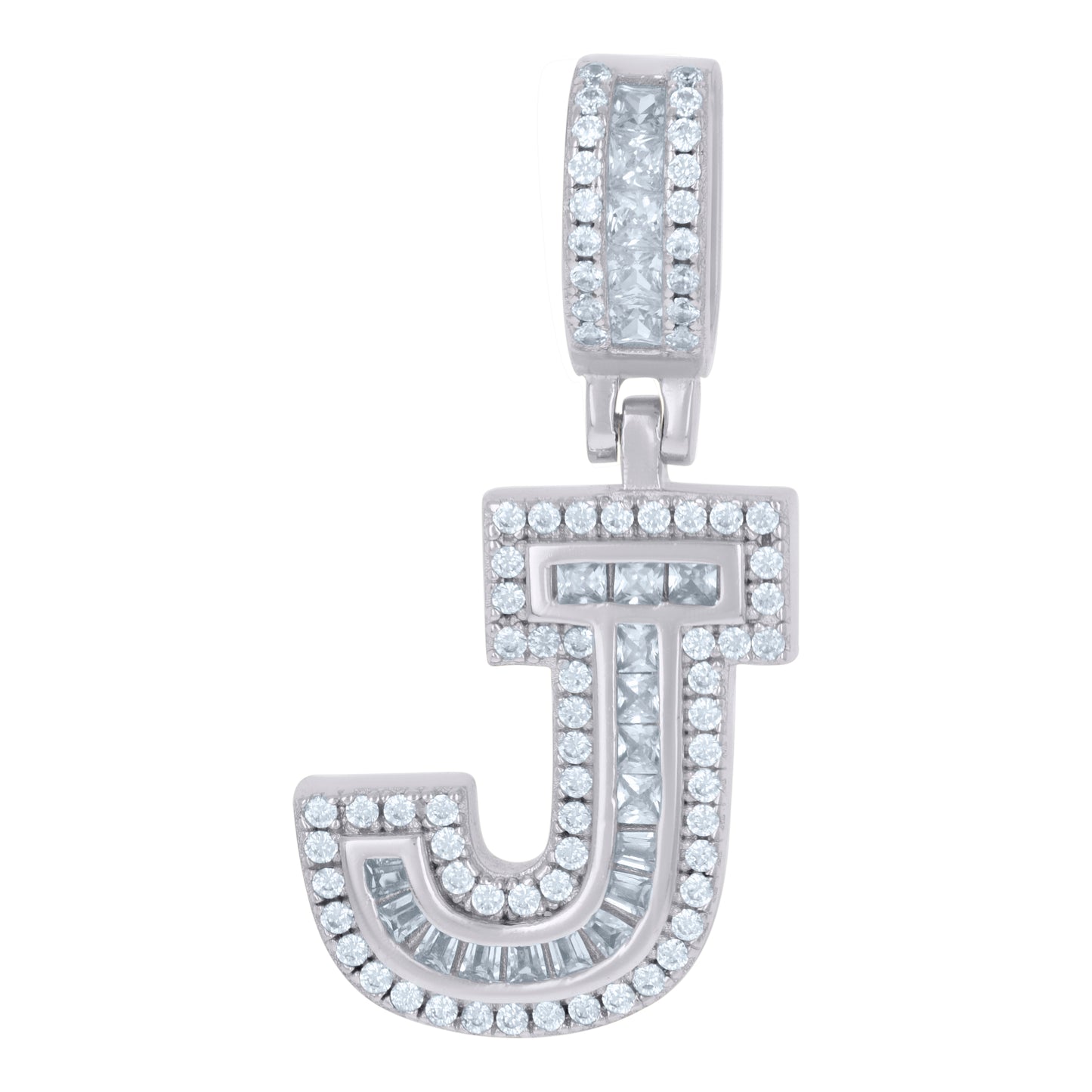 Sterling Silver Or Yellow-tone Unisex Round & Baguette Cubic-Zirconia Initial Alphabet Pendant Charm