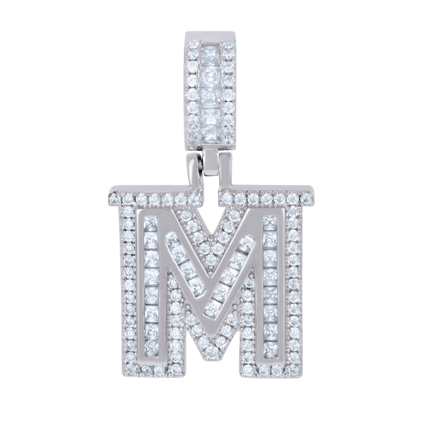 Sterling Silver Or Yellow-tone Unisex Round & Baguette Cubic-Zirconia Initial Alphabet Pendant Charm