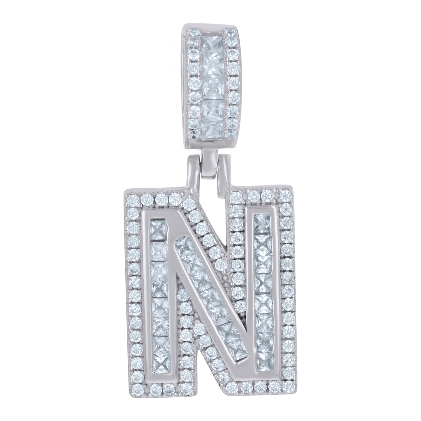 Sterling Silver Or Yellow-tone Unisex Round & Baguette Cubic-Zirconia Initial Alphabet Pendant Charm
